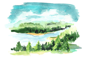 Landscape with river. Watercolor hand drawn illustration