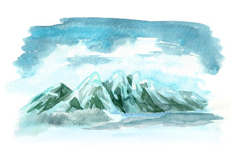 Landscape with snowy mountains. Watercolor hand drawn illustration, isolated on white background