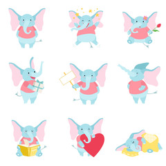Cute Elephant Set, Funny Animal Cartoon Character in Different Situations Vector Illustration