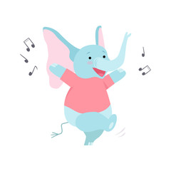 Cute Elephant Listening Music and Dancing, Funny Animal Cartoon Character Having Fun Vector Illustration