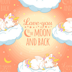 Seamless pattern with cute little sleeping baby unicorns, clouds and typography insignia. For baby and kids design templates.