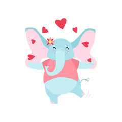 Cute Happy Elephant Surrounded by Red Hearts, Funny Animal Cartoon Character Vector Illustration