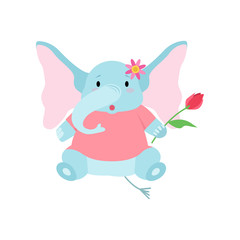 Fototapeta na wymiar Cute Elephant Sitting with Flower, Funny Animal Cartoon Character Vector Illustration