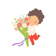 Cute Little Boy Running with Bouquet of Flowers Cartoon Vector Illustration