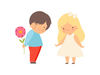Embarrassed Little Boy Hiding Flower Behind His Back, Boy Giving Flower to Beautiful Little Girl Cartoon Vector Illustration