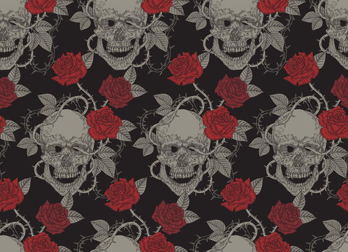Human skull and red roses. Seamless pattern. Vector illustration vintage.