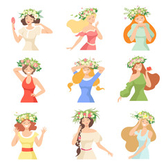 Fototapeta premium Collection of Young Beautiful Women with Flower Wreaths, Portraits of Happy Elegant Girls with Floral Wreaths Vector Illustration