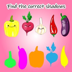 Find the right shade of vegetable. Educational game for children. Find the right shadow. Kids activity with cartoon vegetables...