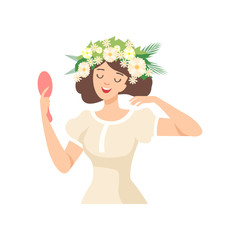 Young Beautiful Brunette Woman with Flower Wreath in Her Hair, Portrait of Happy Elegant Girl with Floral Wreath Vector Illustration