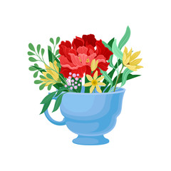 Big red flower in a mug. Vector illustration on white background.