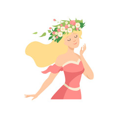 Young Beautiful Woman with Flower Wreath in Her Hair, Portrait of Elegant Blonde Girl with Floral Wreath Vector Illustration