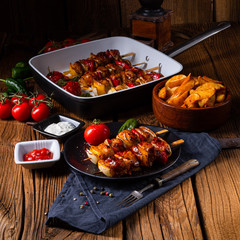marinated kebab skewers with meat and vegetables