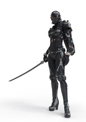 Science fiction cyborg female standing and holding futuristic japanese samurai sword in one hand. Sci-fi samurai girl in a futuristic black armor suit with a helmet. 3D rendering on white background.