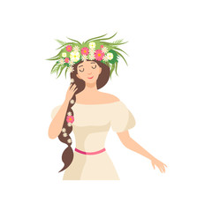 Young Beautiful Brunette Woman with Flower Wreath in Her Hair, Portrait of Elegant Girl with Floral Wreath and Braid Vector Illustration