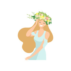 Young Beautiful Woman with Flower Wreath in Her Hair, Portrait of Long Haired Elegant Smiling Girl with Floral Wreath Vector Illustration