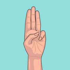 Girl shows three fingers on blue background. Scout honor hand gesture. Gesture of respect and appreciation. Salute for scout.