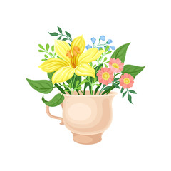 Bouquet with a large yellow flower in the mug. Vector illustration on white background.