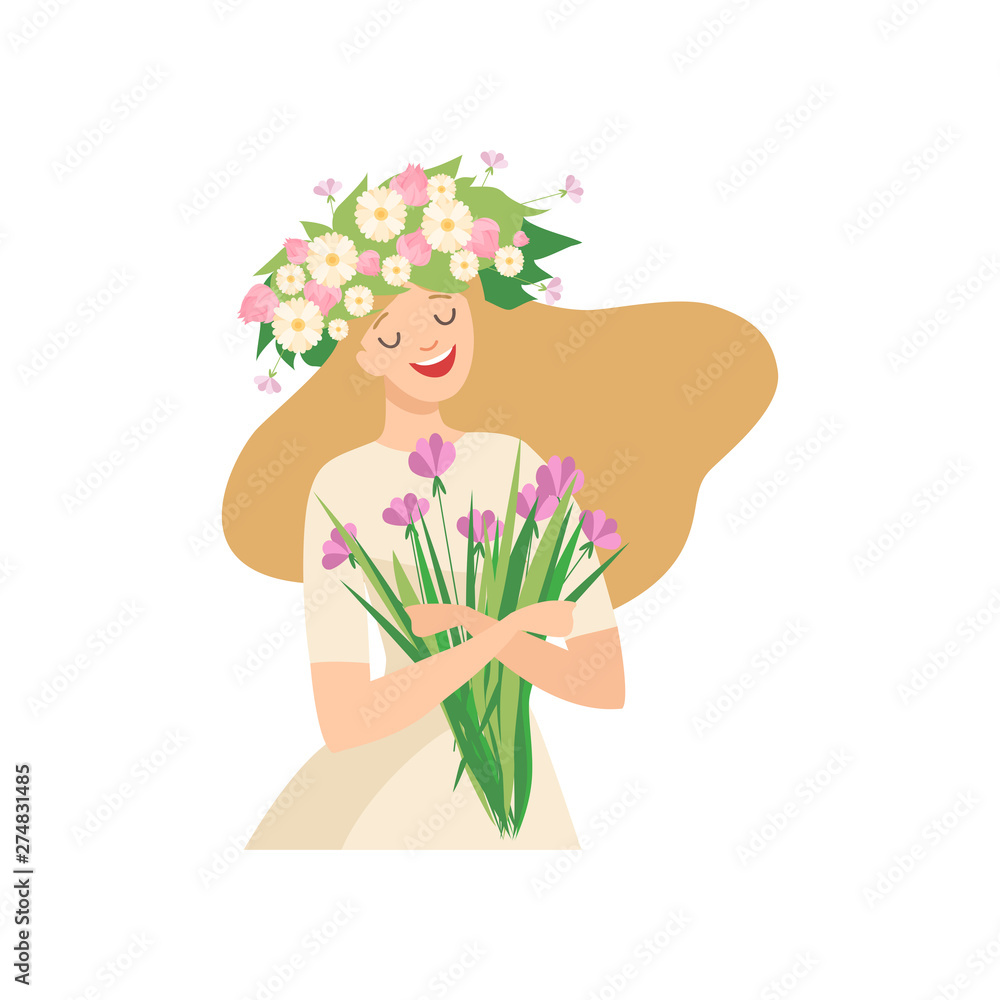 Sticker Young Beautiful Woman with Flower Wreath in Her Hair, Portrait of Elegant Blonde Girl with Floral Wreath and Bouquet of Wild Flowers Vector Illustration