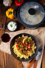 Fussili noodle with klaschise spicy goulash and paprika
