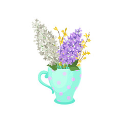 Lilac flowers in a mug. Vector illustration on white background.