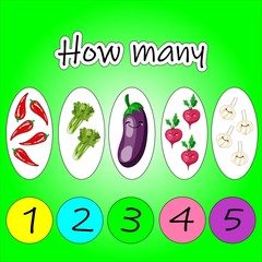 Counting Game for Preschool Children. Educational a mathematical game. Count how many fruits, vegetables and write the result