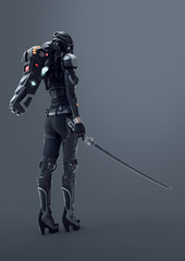 Science fiction cyborg female standing and holding futuristic japanese samurai sword in one hand. Sci-fi samurai girl in a futuristic black armor suit with a helmet. 3D rendering on gray background. © roman3d
