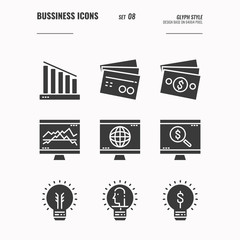 Business and financial icons set 8, money, light bulb, ideas light bulb, computer screen, big data and more concept, Glyph icons Design. vector