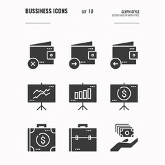 Business and financial icons set 10, wallet, money, presentation, meeting, currency and more concept, Glyph icons Design. vector