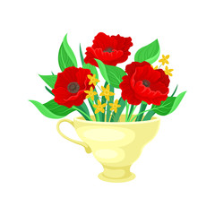 Red poppies in a yellow mug. Vector illustration on white background.