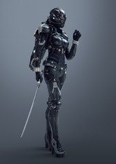 Science fiction cyborg female standing and holding futuristic japanese samurai sword in one hand. Sci-fi samurai girl in a futuristic black armor suit with a helmet. 3D rendering on gray background. © roman3d