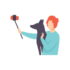 Young Man Taking Selfie Photo with His Dog, Guy Making Photo or Video for Social Media Using Smartphone Vector Illustration