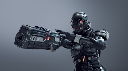 Science fiction cyborg female shooting with gun. Cyborg girl with big gun in one hand. Young Girl in a futuristic black armor suit with a helmet. Cyberpunk Shooter. 3D rendering on gray background.
