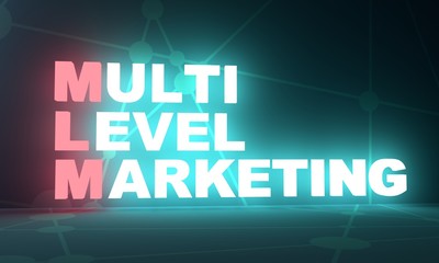 Acronym MLM - Multi level marketing. Business conceptual image. 3D rendering. Neon bulb illumination