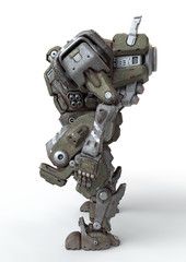 Sci-fi mech soldier standing on white background. Military futuristic Robot Battle with a green and gray color scratched metal armor. Mechanical mech with a turbine controlled by a pilot. 3D rendering
