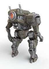 Fototapeta premium Sci-fi mech soldier standing on white background. Military futuristic Robot Battle with a green and gray color scratched metal armor. Mechanical mech with a turbine controlled by a pilot. 3D rendering