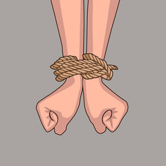 Bound hands isolated on gray background. Hands tied with rope. Clenched fists - 274832454