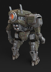 Naklejka premium Sci-fi mech soldier standing on gray background. Military futuristic Robot Battle with a green and gray color scratched metal armor. Mechanical mech with a turbine controlled by a pilot. 3D rendering