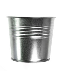 Metallic bucket. Isolated on white background. Galvanized metal bucket. 