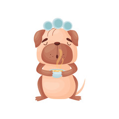 Cartoon pug holding a cup of hot tea. Vector illustration on white background.
