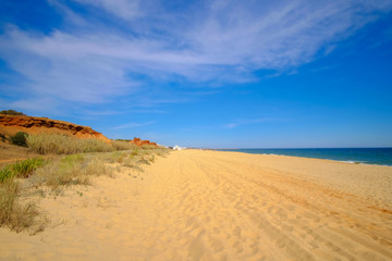 View on the beautiful beach the Praia da Rocha Baixinha Nascente. Region Faro, Algarve, Portugal.