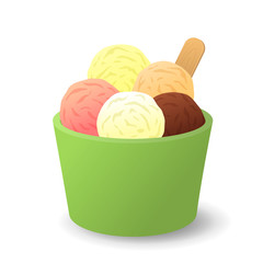 Ice cream  in a bucket. Vanilla, chocolate and strawberry ice cream. Isolated background. Vector illustration
