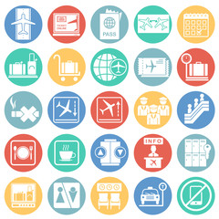 Airport related icons set on color circles background for graphic and web design. Simple vector sign. Internet concept symbol for website button or mobile app.