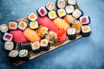Big set of colorful sushi rolls