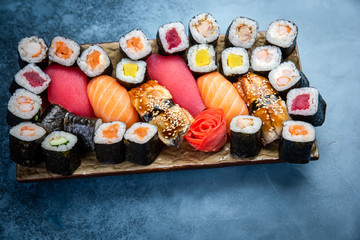 Big set of colorful sushi rolls