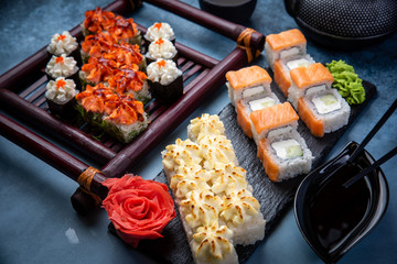 Big set of traditional delicious sushi rolls