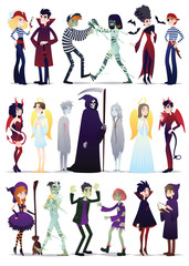 Halloween costumes. Vector illustration of young people dressed up for Halloween masquerade party isolated on white background. Couples of Halloween characters in cartoon style