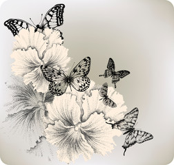 Background with flowers pansies and butterflies.Hand drawing. Vector illustration. - 274836683