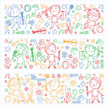 creative kids dancing, sing, playing football, playing guitar, violin, making models from paper. colorful pen drawing on squared notebook.