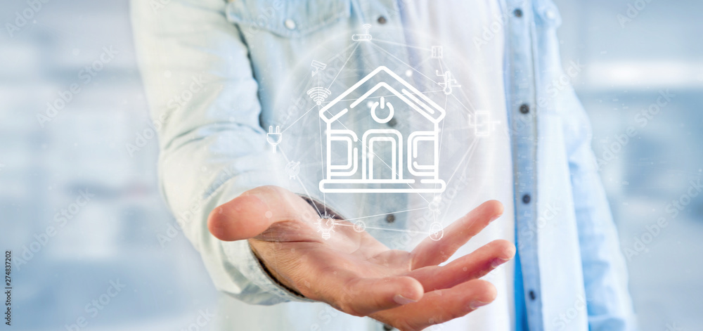 Poster businessman holding smart home interface with icon, stats and data 3d rendering