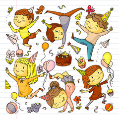 Vector illustration in cartoon style, active company of playful preschool kids jumping, at a party, birthday on exercise book.